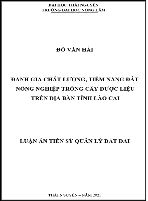 Đánh giá chất lượng, tiềm năng đất nông nghiệp trồng cây dược liệu trên địa bàn tỉnh Lào Cai