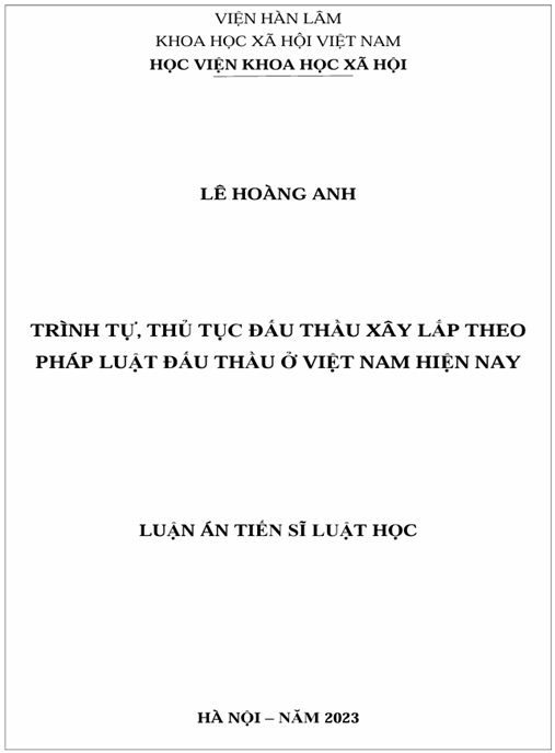 Luận án Trình tự, thủ tục đấu thầu xây lắp theo pháp luật đấu thầu ở Việt Nam hiện nay