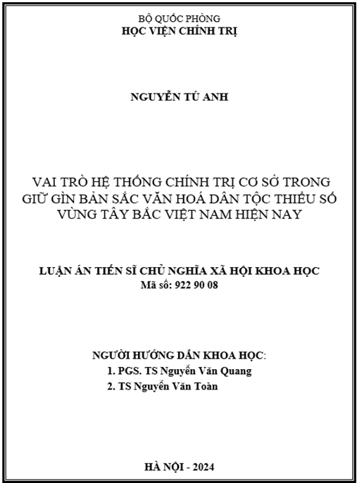 Luận án Vai trò hệ thống chính trị cơ sở trong giữ gìn bản sắc văn hoá dân tộc thiểu số vùng Tây Bắc Việt Nam hiện nay