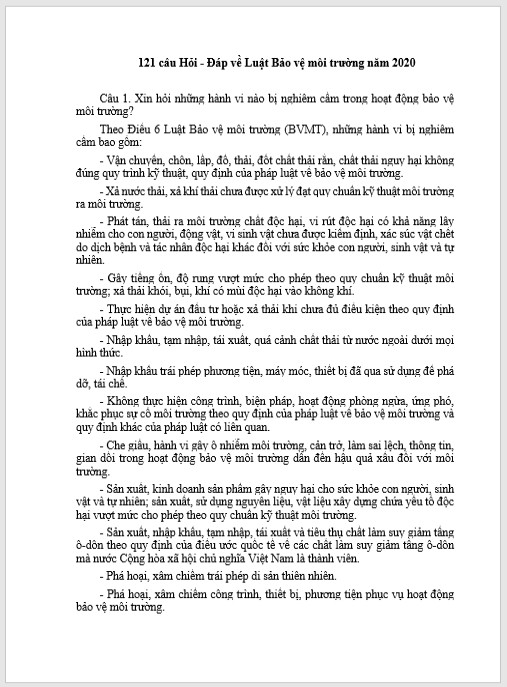 121 câu Hỏi – Đáp về Luật Bảo vệ môi trường năm 2020