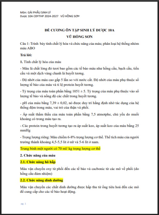 Đề cương ôn tập Sinh lý – Dược